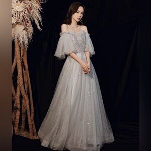 Ethereal light grey glitter beaded tulle formal prom dress